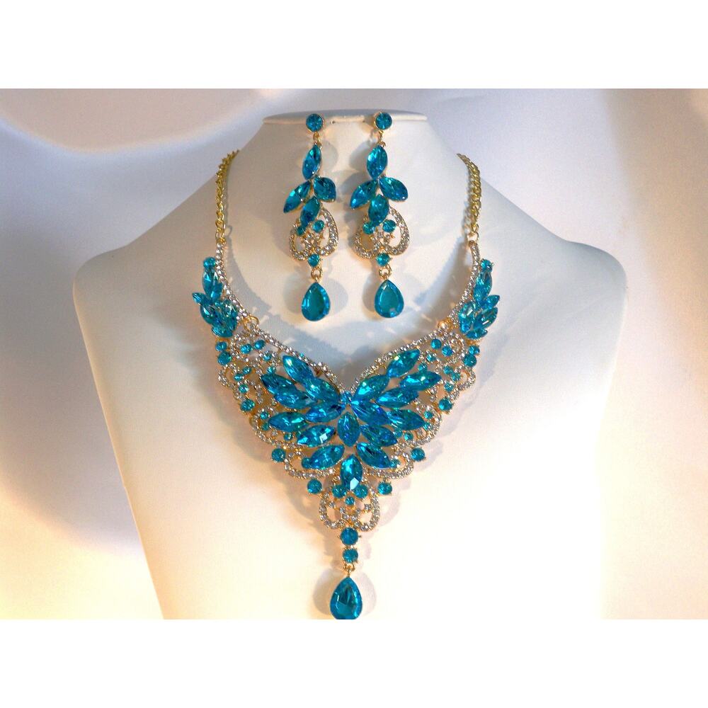 Aqua blue necklace set, wedding  MOB  prom party homecoming drag queen necklace